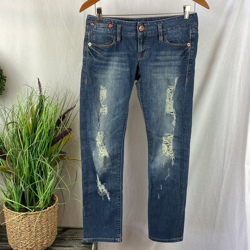 Ed Hardy Blue Low Rise Skinny Distressed Jeans (30" Waist) 26